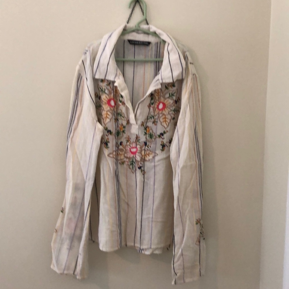 Cotton, embroidered shirt. Flowers and stripes